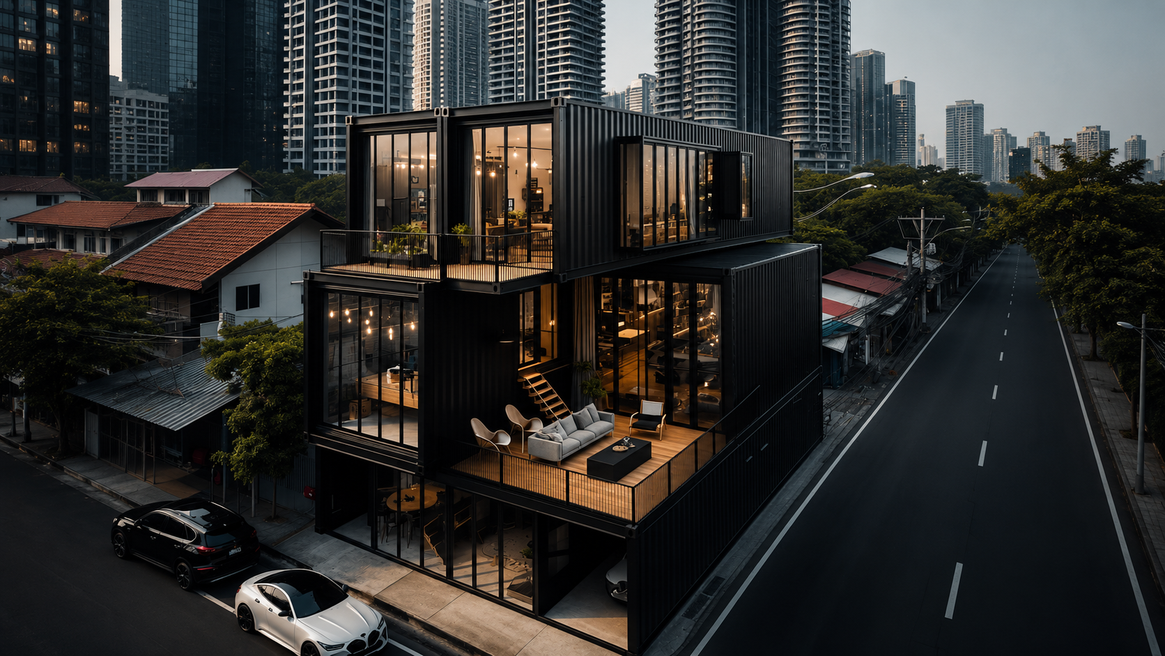 Edificio modular contemporáneo al atardecer en el Rio Grande Valley